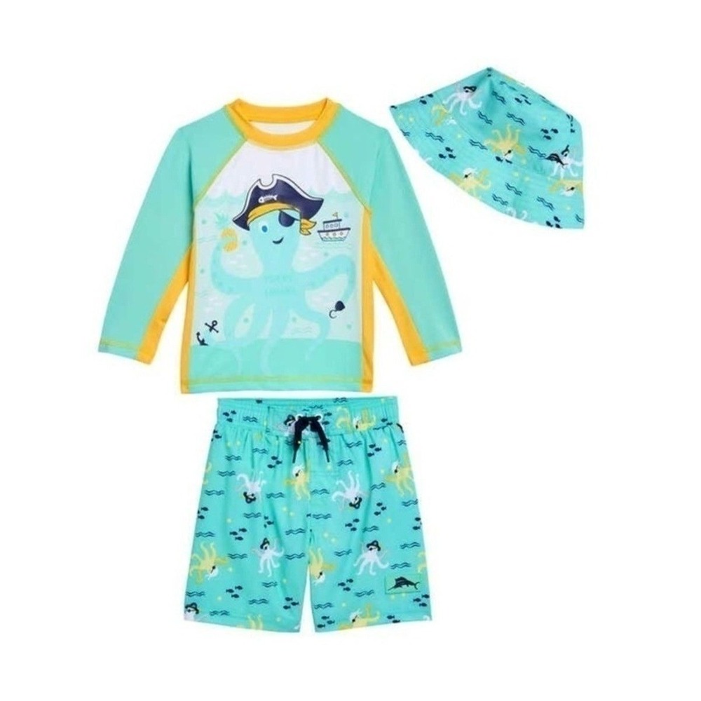 Tommy Bahama Swimwear Set Boys 3T Aqua Pirate Octopus New 3-Piece Rash Guard Hat
